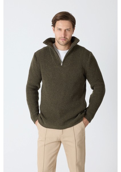 Erkek Dik Yaka Fermuarlı Triko Kazak - Haki