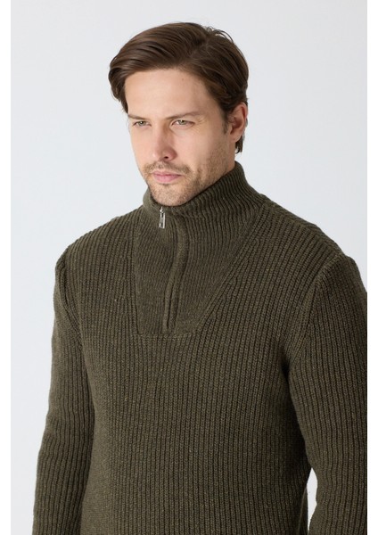 Erkek Dik Yaka Fermuarlı Triko Kazak - Haki fiyatları