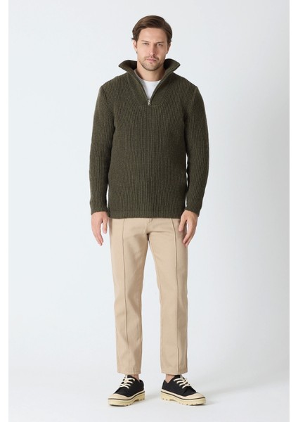 Erkek Dik Yaka Fermuarlı Triko Kazak - Haki modelleri