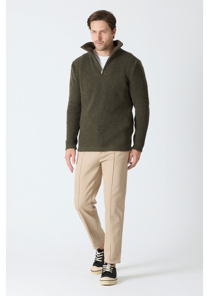 Erkek Dik Yaka Fermuarlı Triko Kazak - Haki indirimleri