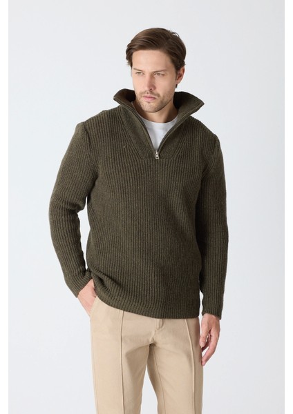 Erkek Dik Yaka Fermuarlı Triko Kazak - Haki