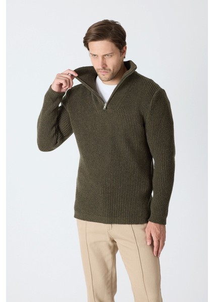 Erkek Dik Yaka Fermuarlı Triko Kazak - Haki