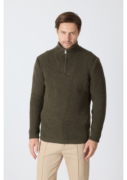 Erkek Dik Yaka Fermuarlı Triko Kazak - Haki