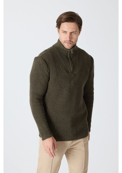 Erkek Dik Yaka Fermuarlı Triko Kazak - Haki