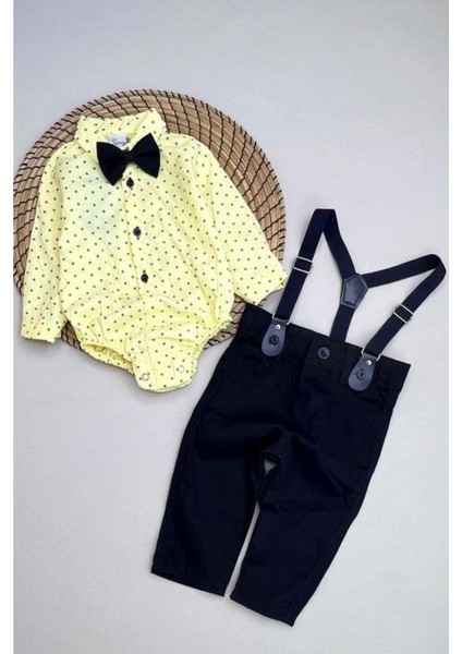 Gömlekli Alttan Çıtçıtlı Gabardin Pantolonlu Pamuklu Bebek Takım MNK0294