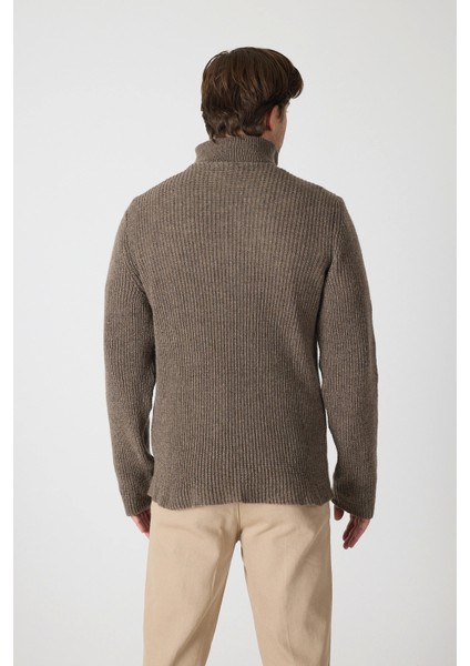 Erkek Dik Yaka Fermuarlı Triko Kazak - Vizon fırsatları