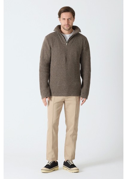 Erkek Dik Yaka Fermuarlı Triko Kazak - Vizon indirimleri