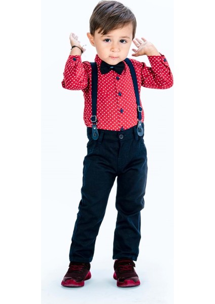 Gömlekli Alttan Çıtçıtlı Gabardin Pantolonlu Pamuklu Bebek Takım MNK0294