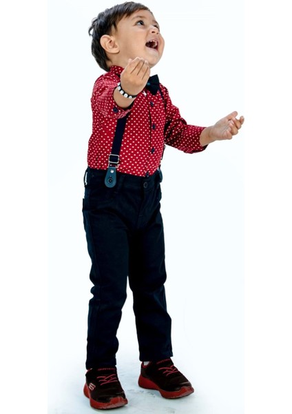 Gömlekli Alttan Çıtçıtlı Gabardin Pantolonlu Pamuklu Bebek Takım MNK0294 fırsatları