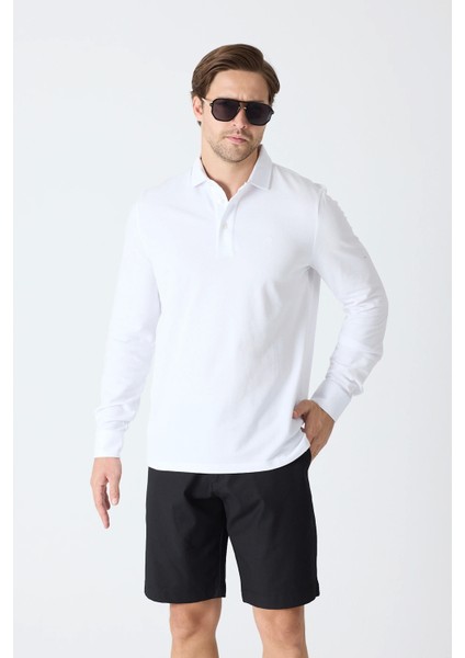 Erkek Polo Yaka Uzun Kollu Sweatshirt - Beyaz