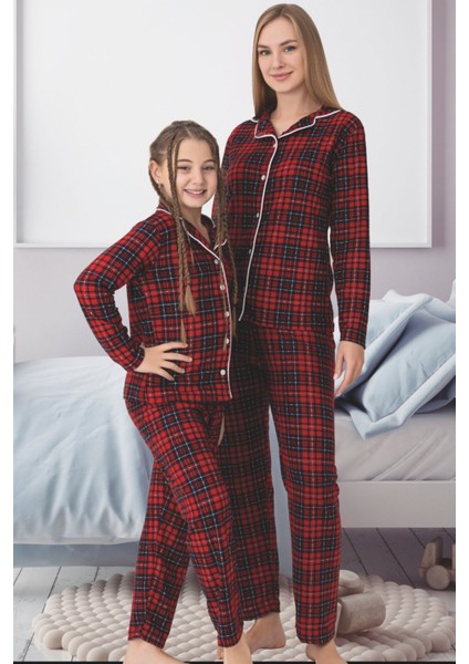 Anne Kız Kareli Ekose Desenli Süet Pijama Takımı