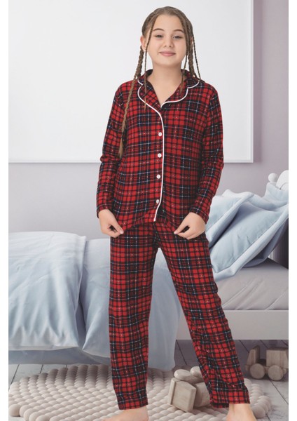 Anne Kız Kareli Ekose Desenli Süet Pijama Takımı modelleri