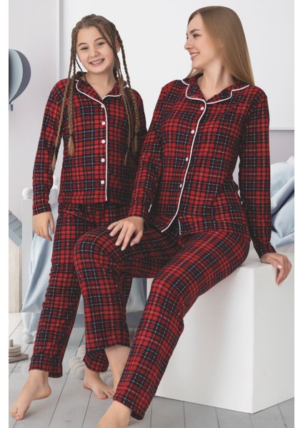 Anne Kız Kareli Ekose Desenli Süet Pijama Takımı fırsatları