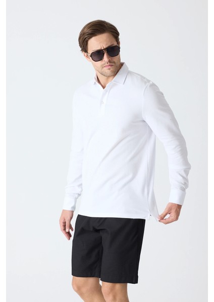 Erkek Polo Yaka Uzun Kollu Sweatshirt - Beyaz