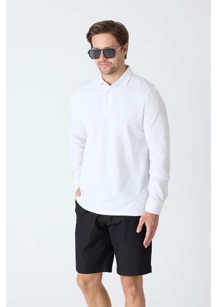 Erkek Polo Yaka Uzun Kollu Sweatshirt - Beyaz