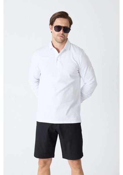 Erkek Polo Yaka Uzun Kollu Sweatshirt - Beyaz