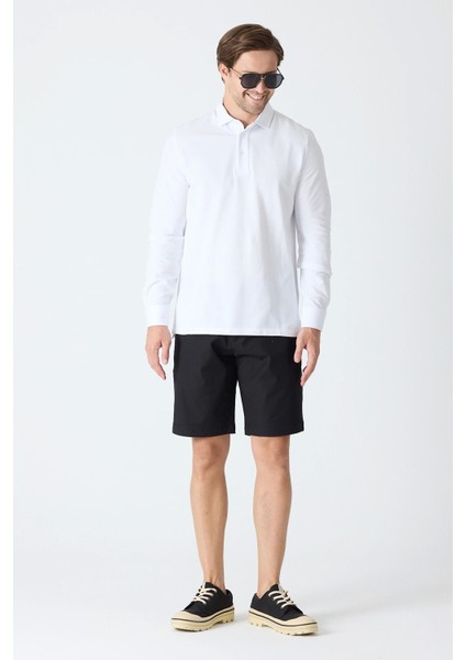 Erkek Polo Yaka Uzun Kollu Sweatshirt - Beyaz