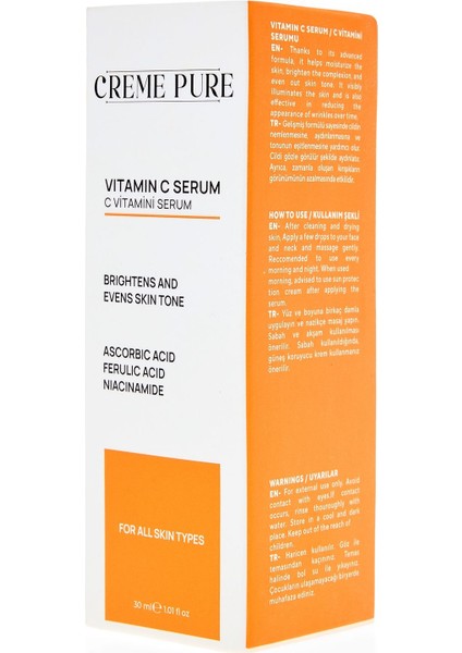 Leke Karşıtı Aydınlatıcı Vitamin C Serum Ascorbic Asit, Ferulic Asit, Niacinamide 30 ml