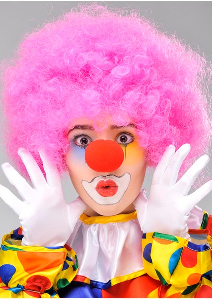 Pembe Renk Kıvırcık Afro Bonus Peruk Takma Saç ve Kırmızı Burun Seti (3791)