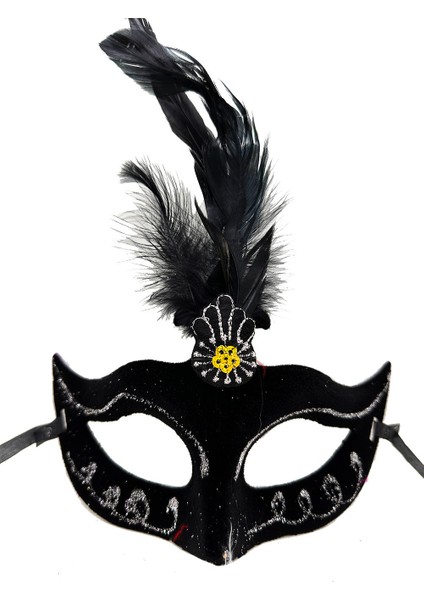 Siyah Renk Tüylü Siyah Süet Kaplama Parti Balo Maskesi 20x16 Cm