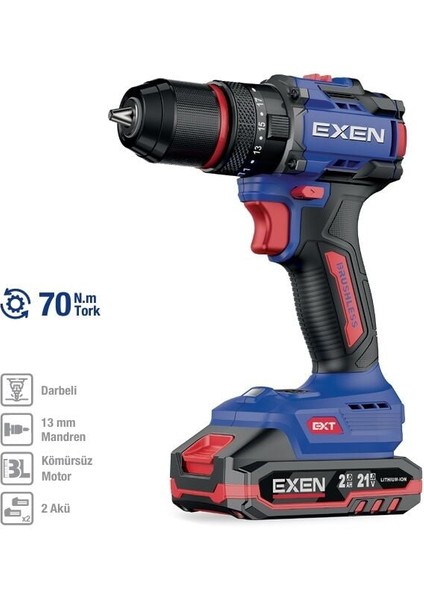 En 272 Ds 21 V. 2 Ah. 70 Nm. Kömürsüz Darbeli Şarjlı Matkap