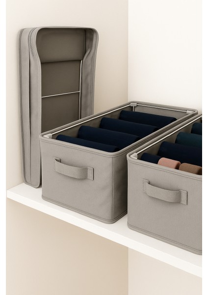 | Raf Düzenleyici 25 cm - Gri Tela Kumaş | 4 Adet | Çelik Destekli, Katlanabilir Kıyafet Saklama Organizeri