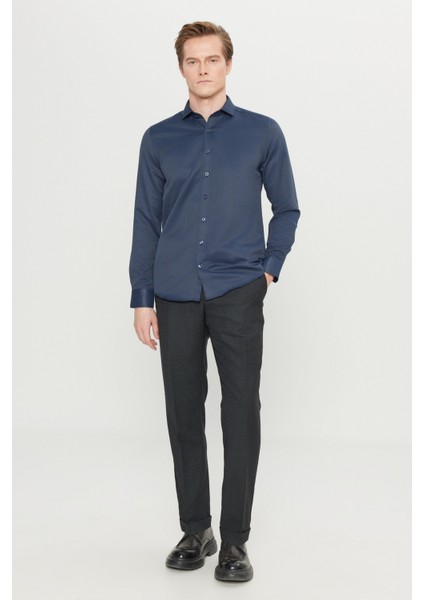 Erkek Lacivert Slim Fit Dar Kesim Italyan Yaka Armürlü Gömlek fiyatları