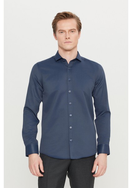 Erkek Lacivert Slim Fit Dar Kesim Italyan Yaka Armürlü Gömlek modelleri