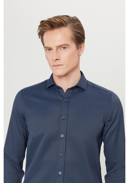 Erkek Lacivert Slim Fit Dar Kesim Italyan Yaka Armürlü Gömlek fırsatları