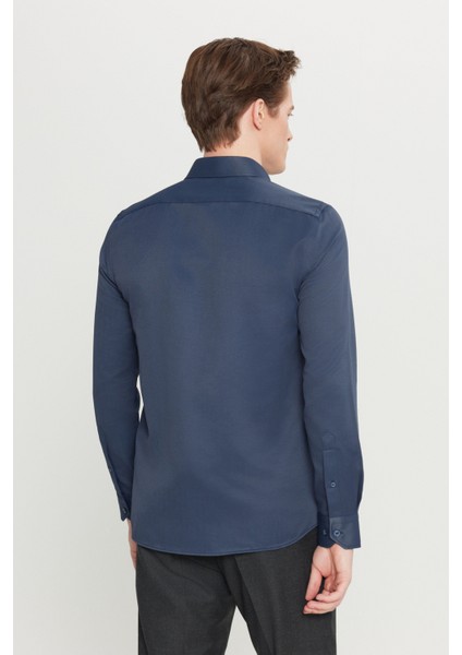Erkek Lacivert Slim Fit Dar Kesim Italyan Yaka Armürlü Gömlek indirimleri