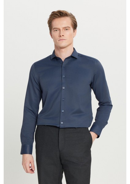 Erkek Lacivert Slim Fit Dar Kesim Italyan Yaka Armürlü Gömlek