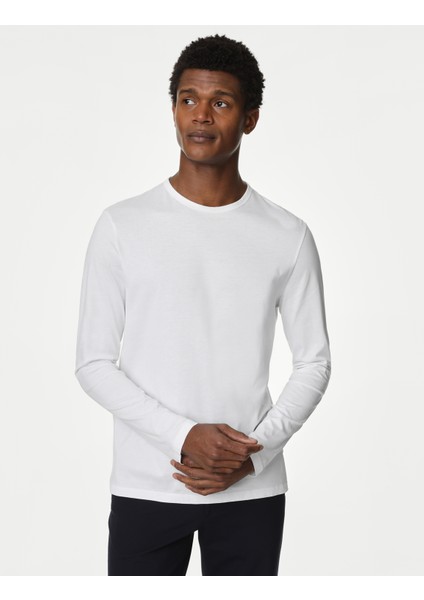 Saf Supima Pamuklu Uzun Kollu T-Shirt