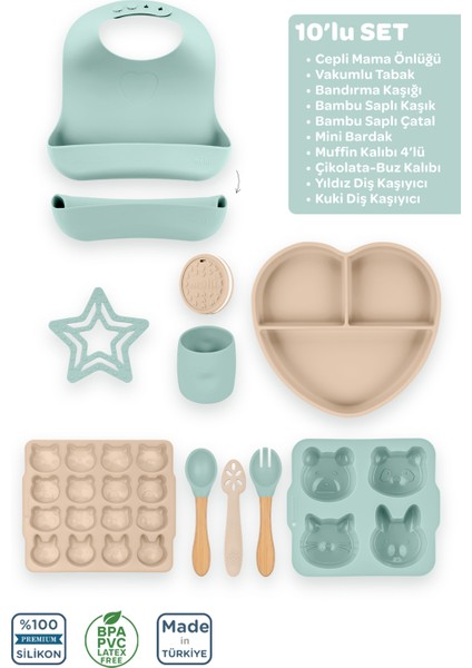 Silikon 10'lu Set Latte Bej-Spring Yeşil / Mama Önlüğü, Mama Tabağı, Bandırma Kaşığı, Bambu Saplı Kaşık ve Çatal, Mini Bardak, Muffin Kalıbı, Çikolata-Buz Kalıbı, Yıldız ve Kuki Diş Kaşıyıcı