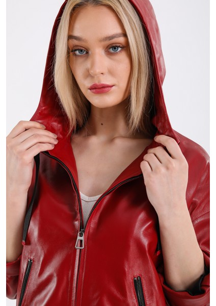 Gaga Kadın Kapüşonlu Deri Mont