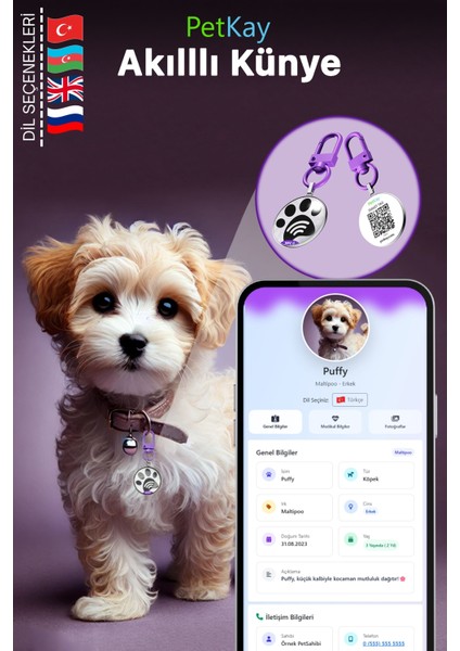 Köpekler Için Akıllı Künye, Nfc Dijital Isimlik Ve Tasma Künyesi Qr Kod Künye Paslanmaz Çelik Mor İsimli Köpek Tasması, Köpek İsimlik
