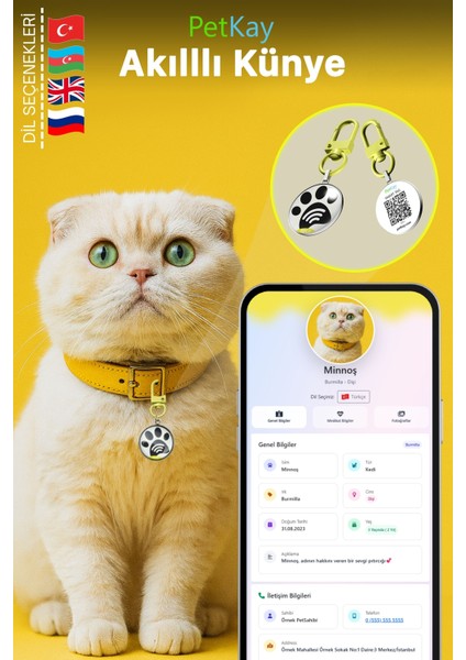 Kediler Için Akıllı Künye, Nfc Dijital Isimlik Ve Tasma Künyesi Qr Kod Künye Paslanmaz Çelik Sarı, İsimli Kedi Tasması, Kedi İsimlik
