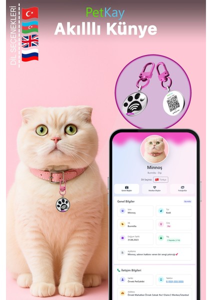 Kediler Için Akıllı Künye, Nfc Dijital Isimlik Ve Tasma Künyesi Qr Kod Künye Paslanmaz Çelik Pembe İsimli Kedi Tasması, Kedi İsimlik