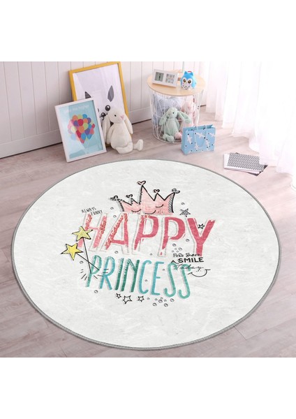 Happy Princess Yuvarlak Çocuk Halısı – Kaymaz Tabanlı, Makinede Yıkanabilir
