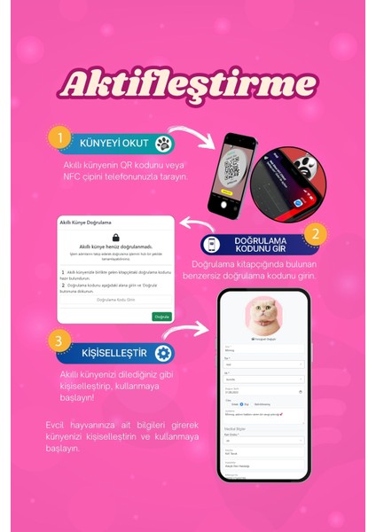 Kediler Için Akıllı Künye, Nfc Dijital Isimlik Ve Tasma Künyesi Qr Kod Künye Paslanmaz Çelik Pembe İsimli Kedi Tasması, Kedi İsimlik