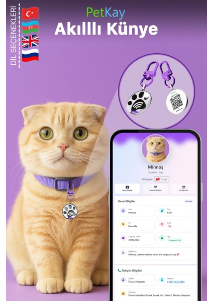 Kediler Için Akıllı Künye, Nfc Dijital Isimlik Ve Tasma Künyesi Qr Kod Künye Paslanmaz Çelik Mor İsimli Kedi Tasması, Kedi İsimlik