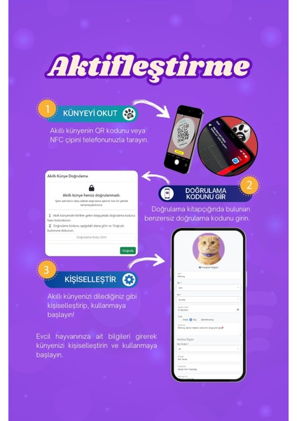 Kediler Için Akıllı Künye, Nfc Dijital Isimlik Ve Tasma Künyesi Qr Kod Künye Paslanmaz Çelik Mor İsimli Kedi Tasması, Kedi İsimlik