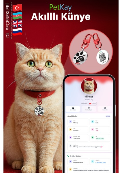 Kediler Için Akıllı Künye, Nfc Dijital Isimlik Ve Tasma Künyesi Qr Kod Künye Paslanmaz Çelik Kırmızı İsimli Kedi Tasması, Kedi İsimlik