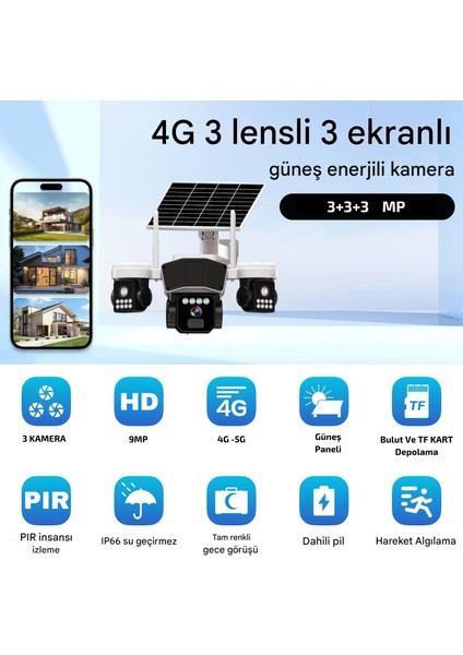 RX95G Solar Güvenlik Kamerası Türkçe 4g Sim Kartlı Ptz Hareketli Gece Görüşlü Güneş Panelli Kamera