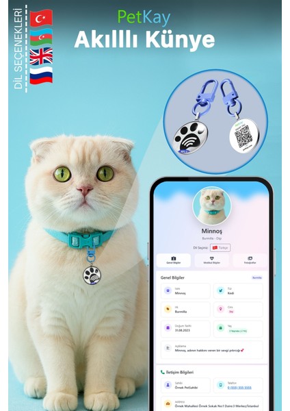 Kediler Için Akıllı Künye, Nfc Dijital Isimlik Ve Tasma Künyesi Qr Kod Künye Paslanmaz Çelik Mavi İsimli Kedi Tasması, Kedi İsimlik