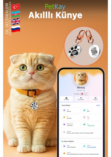 Kediler Için Akıllı Künye, Nfc Dijital Isimlik Ve Tasma Künyesi Qr Kod Künye Paslanmaz Çelik Turuncu İsimli Kedi Tasması, Kedi İsimlik