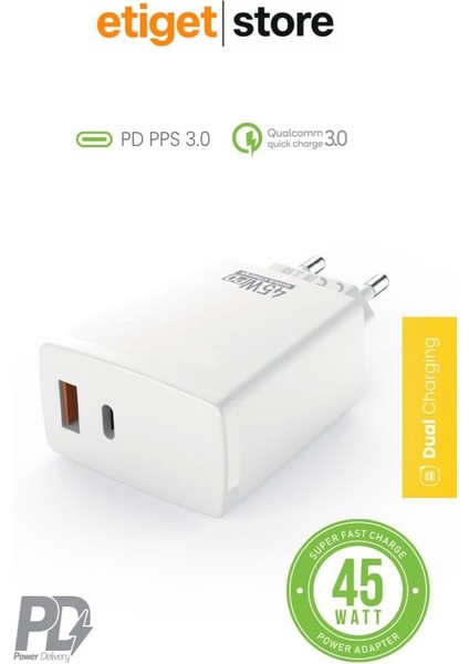 45W Hızlı Şarj Adaptörü – 2'si 1 Arada Başlık | USB & Pd 3.0 Type-C Destekli