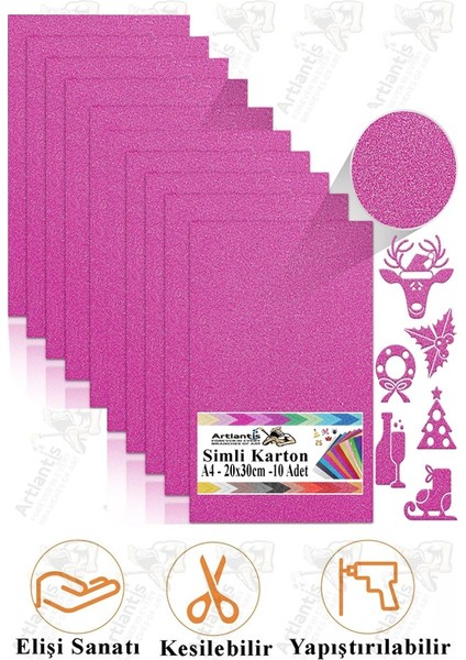 Pembe Simli Karton A4 20X30 cm 10 Lu 1 Paket Simli Fon Kartonu Parıltılı Kağıt Anasınıfı Kreş Etkinlik Proje