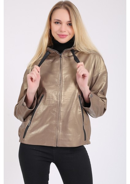 Gaga Kadın Kapüşonlu Deri Mont