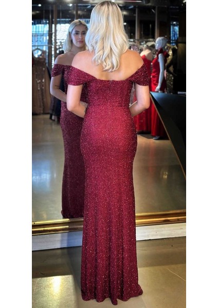 Bordo Madonna Yaka Düz Kesim Pullu Boncuklu Uzun Abiye Elbise 11023 fırsatları