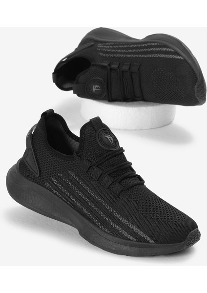 Unisex Siyah Termo Taban Şerit Detaylı Bağcıklı Triko Spor Ayakkabı